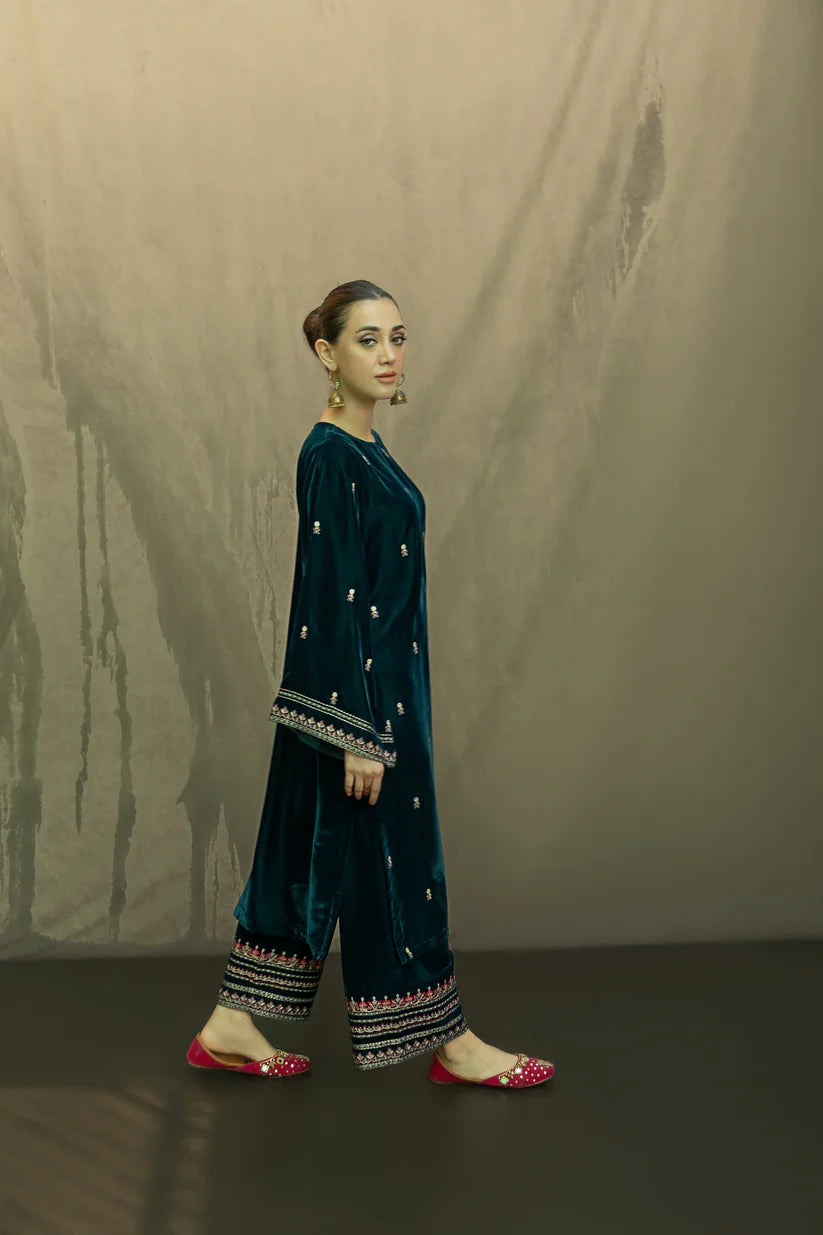 URGE-2PC VELVET EMBROIDERED SHIRT WITH VELEVT EMBROIDERED SLEEVES & TROUSER-ADR-D21