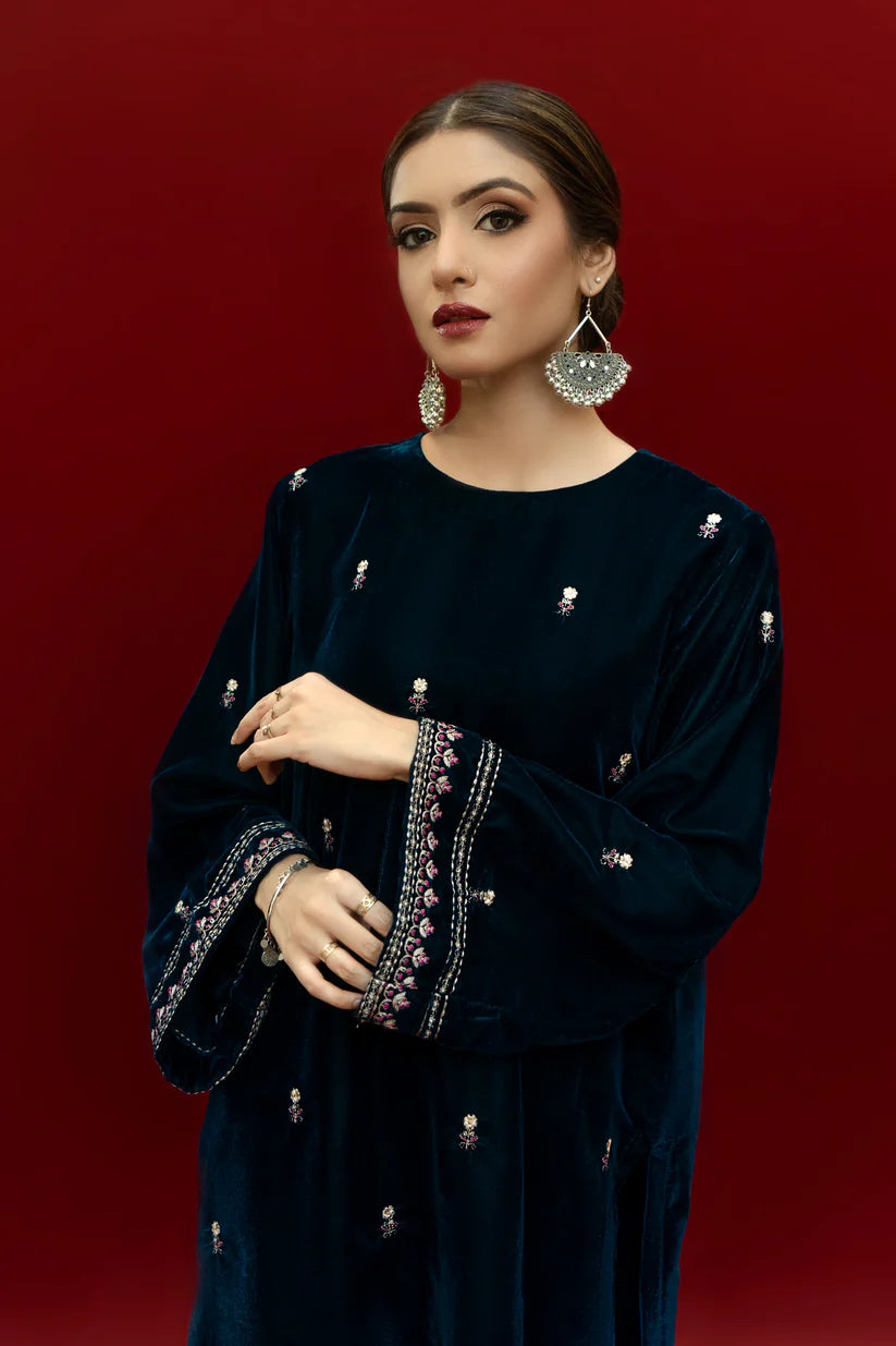 URGE-2PC VELVET EMBROIDERED SHIRT WITH VELEVT EMBROIDERED SLEEVES & TROUSER-ADR-D21