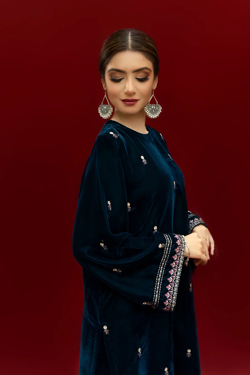 URGE-2PC VELVET EMBROIDERED SHIRT WITH VELEVT EMBROIDERED SLEEVES & TROUSER-ADR-D21