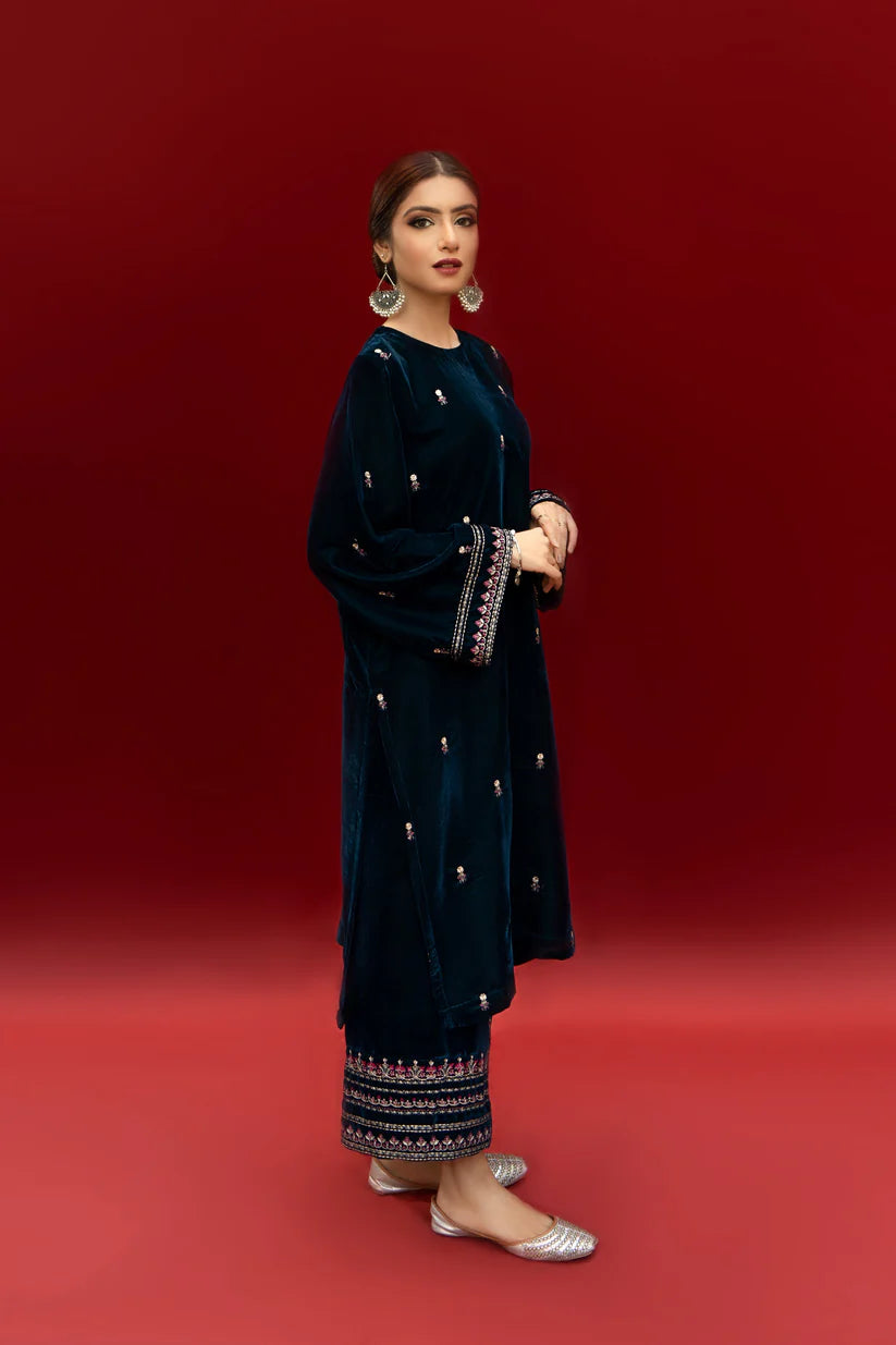 URGE-2PC VELVET EMBROIDERED SHIRT WITH VELEVT EMBROIDERED SLEEVES & TROUSER-ADR-D21