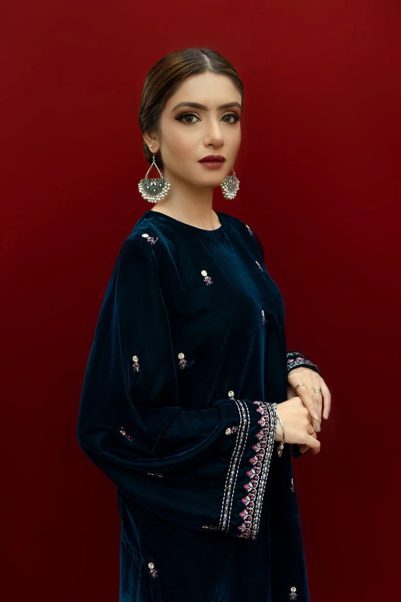 URGE-2PC VELVET EMBROIDERED SHIRT WITH VELEVT EMBROIDERED SLEEVES & TROUSER-ADR-D21