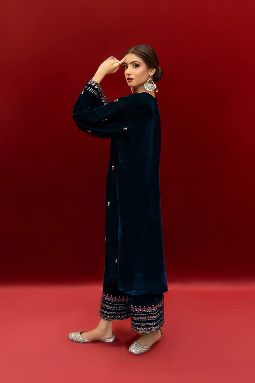 URGE-2PC VELVET EMBROIDERED SHIRT WITH VELEVT EMBROIDERED SLEEVES & TROUSER-ADR-D21