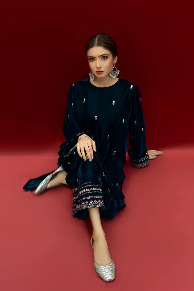 URGE-2PC VELVET EMBROIDERED SHIRT WITH VELEVT EMBROIDERED SLEEVES & TROUSER-ADR-D21