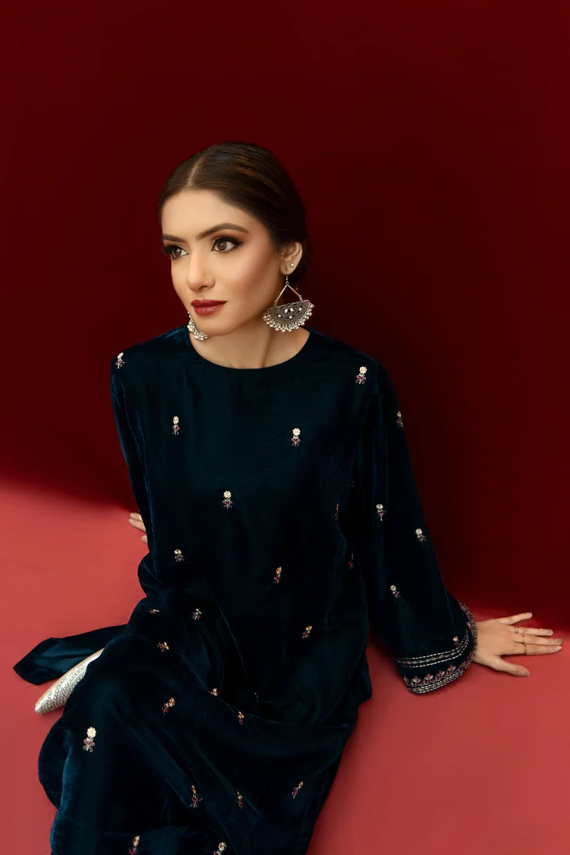 URGE-2PC VELVET EMBROIDERED SHIRT WITH VELEVT EMBROIDERED SLEEVES & TROUSER-ADR-D21