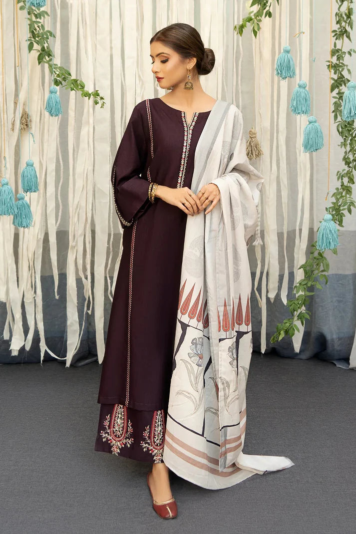 URGE - 3PC DHANAK EMBROIDERED SHIRT WITH PRINTED PASHMINA SHAWL AND TROUSER-ADR-3136.B