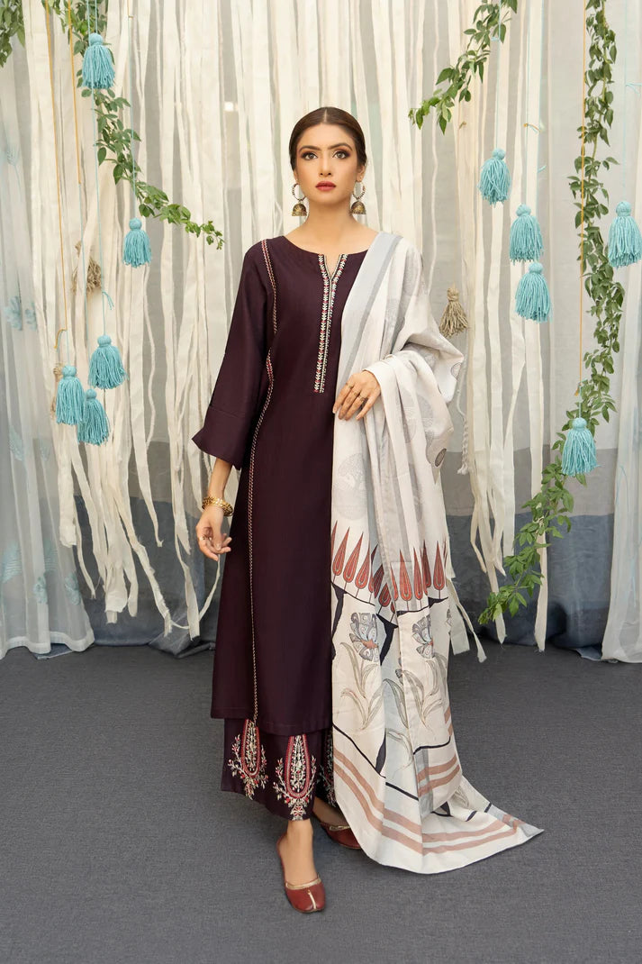 URGE - 3PC DHANAK EMBROIDERED SHIRT WITH PRINTED PASHMINA SHAWL AND TROUSER-ADR-3136.B