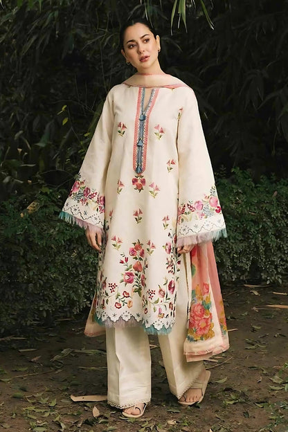ZARASHAHJAHAN- 3PC DHANK EMBROIDERED SHIRT WITH COUTRAI WOOL SHAWL & TROUSER-ADR-4133