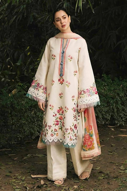 ZARASHAHJAHAN- 3PC DHANK EMBROIDERED SHIRT WITH COUTRAI WOOL SHAWL & TROUSER-ADR-4133