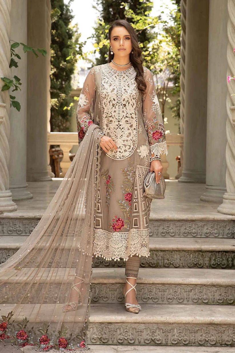 MARIA B- LAWN 3PC CHIKENKARI EMBROIDERED SHIRT WITH ORGANZA EMBROIDERED READY TO WEAR DUPATTA WITH TROUSER -BIC-