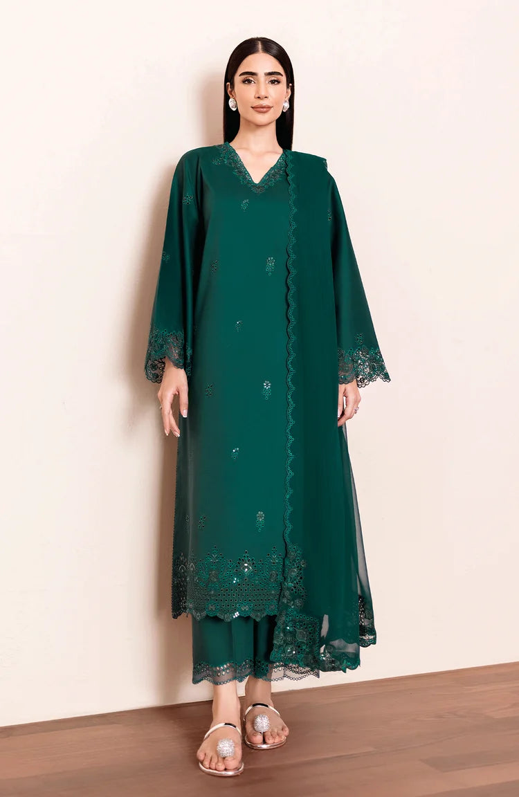SERAN-3PC DHANAK EMBROIDERED SHIRT WITH SILK EMBROIDERED DUPATTA AND TROUSER-ADR-5196