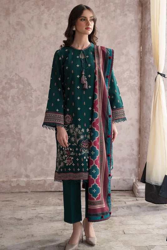 JAZMIN-3PC DHANAK EMBROIDERED WITH COUTRAI WOOL PRINT SHAWL & TROUSER-ADR-2611