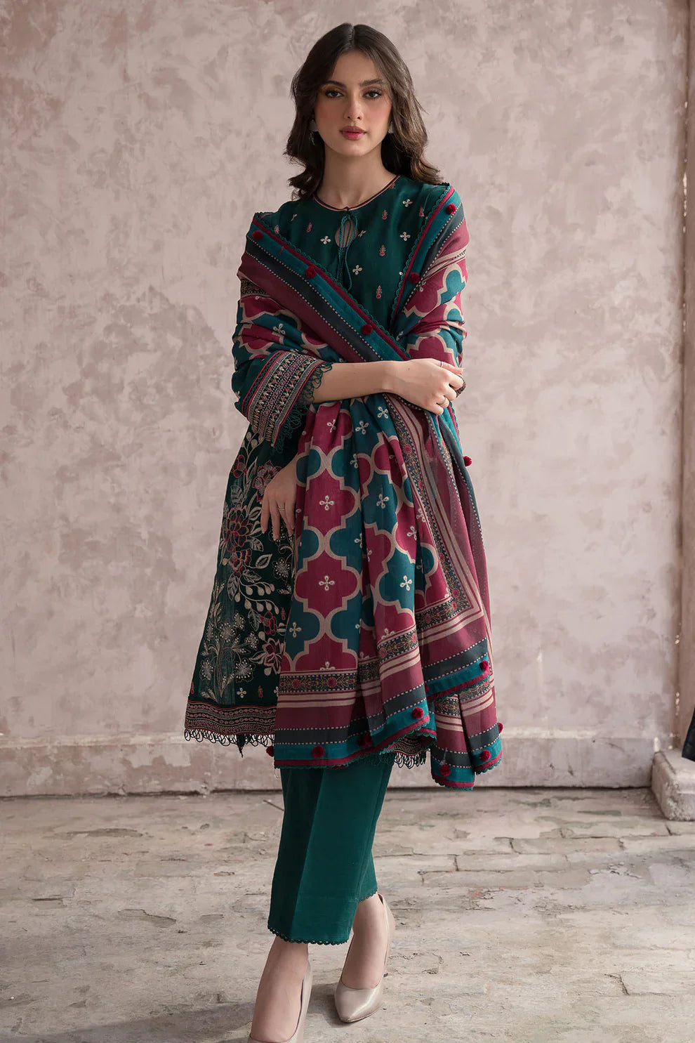 JAZMIN 3PC DHANAK EMBROIDERED WITH COUTURE WOOL PRINT SHAWL-ADR-2611