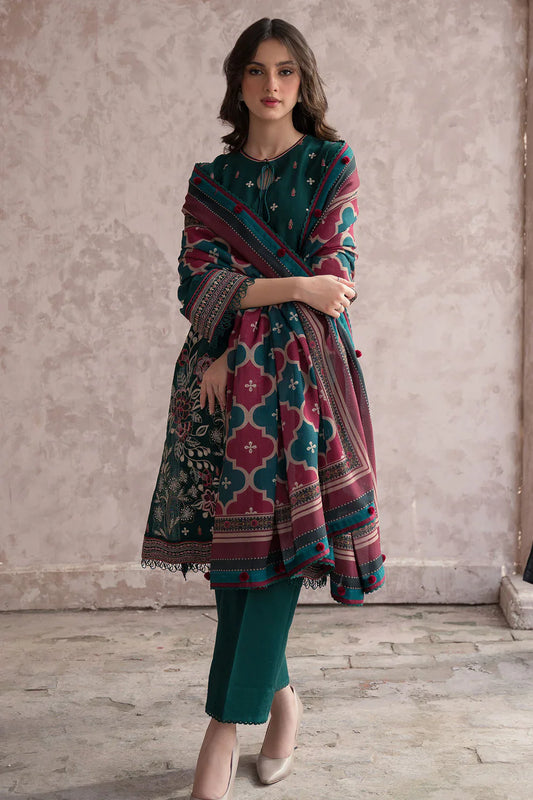 JAZMIN-3PC DHANAK EMBROIDERED WITH COUTRAI WOOL PRINT SHAWL & TROUSER-ADR-2611