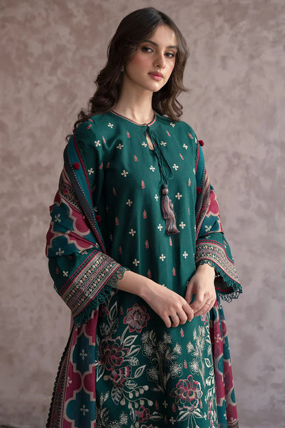 JAZMIN-3PC DHANAK EMBROIDERED WITH COUTRAI WOOL PRINT SHAWL & TROUSER-ADR-2611