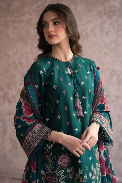 JAZMIN-3PC DHANAK EMBROIDERED WITH COUTRAI WOOL PRINT SHAWL & TROUSER-ADR-2611