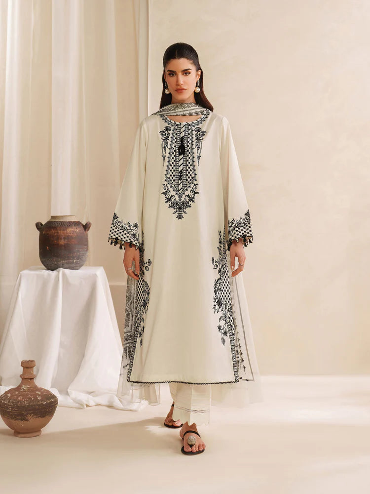 GARNET-3PC KHADDAR EMBROIDERED SHIRT WITH COURTRAI PRINTED SHAWL AND TROUSER-ADR-4307