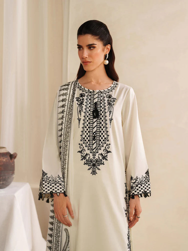 GARNET-3PC KHADDAR EMBROIDERED SHIRT WITH COURTRAI PRINTED SHAWL AND TROUSER-ADR-4307