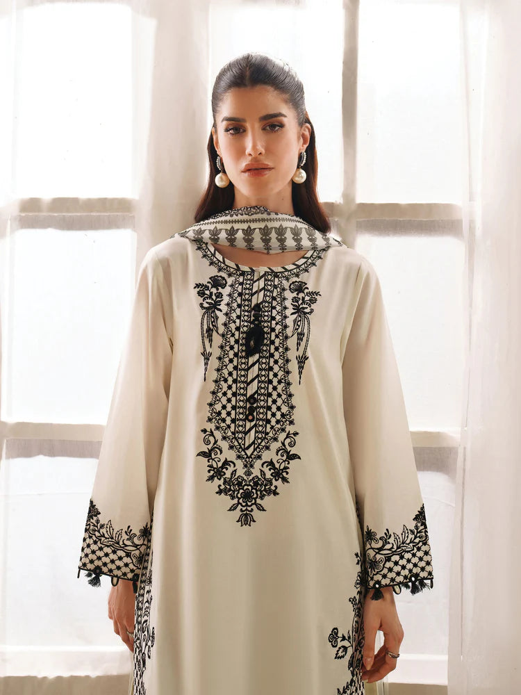 GARNET-3PC KHADDAR EMBROIDERED SHIRT WITH COURTRAI PRINTED SHAWL AND TROUSER-ADR-4307