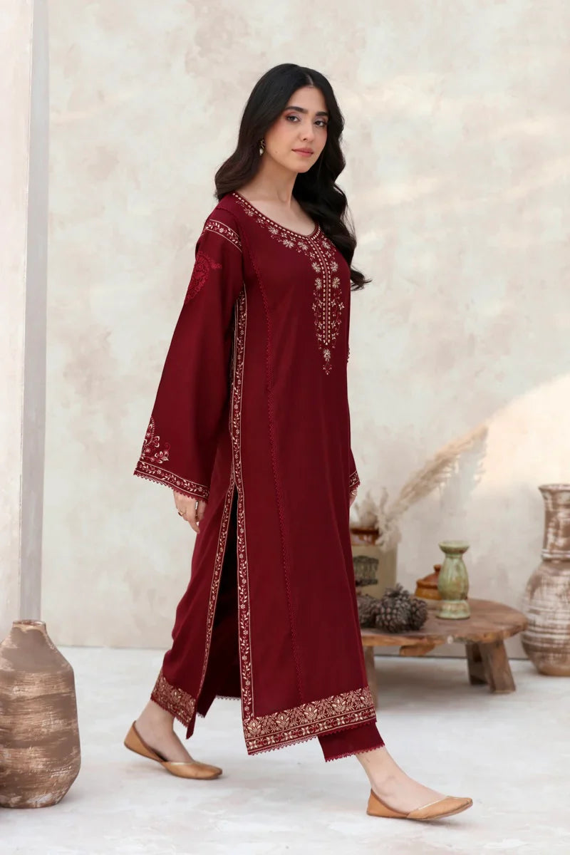 FEROZAE-2PC DHANAK EMBROIDERED SHIRT WITH DHANAK EMBROIDERED SLEEVES-ADR-3417