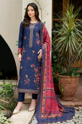 JAZMIN-3PC DHANAK EMBROIDRED SHIRT WITH WOOL PRINT SHAWL AND TROUSER-ADR-3290