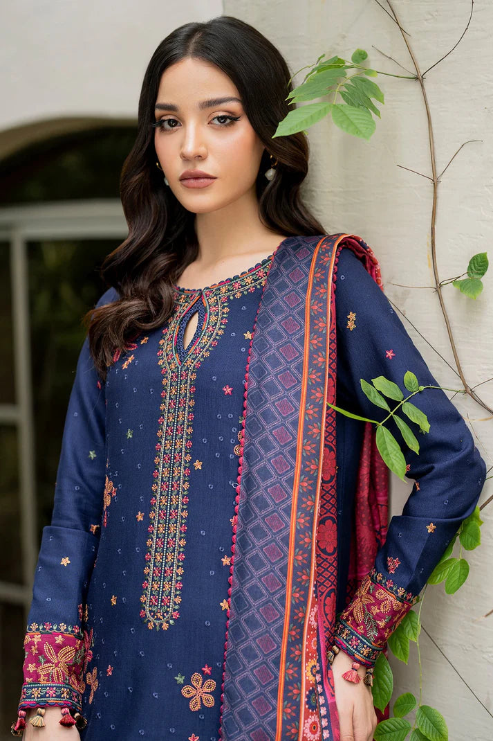 JAZMIN-3PC DHANAK EMBROIDRED SHIRT WITH WOOL PRINT SHAWL AND TROUSER-ADR-3290