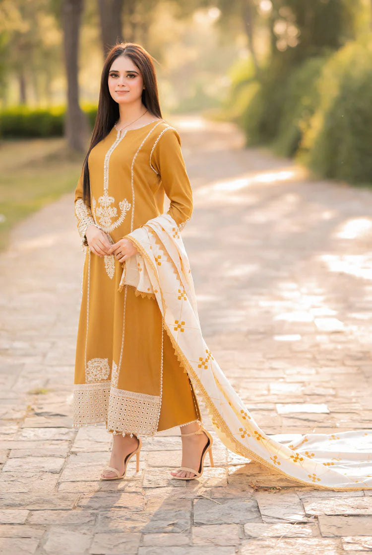 LIBAAS-3PC DHANAK EMBROIDERED SHIRT WITH COURTRAI WOOL PRINTED SHAWL AND TROUSER-ADR-4281