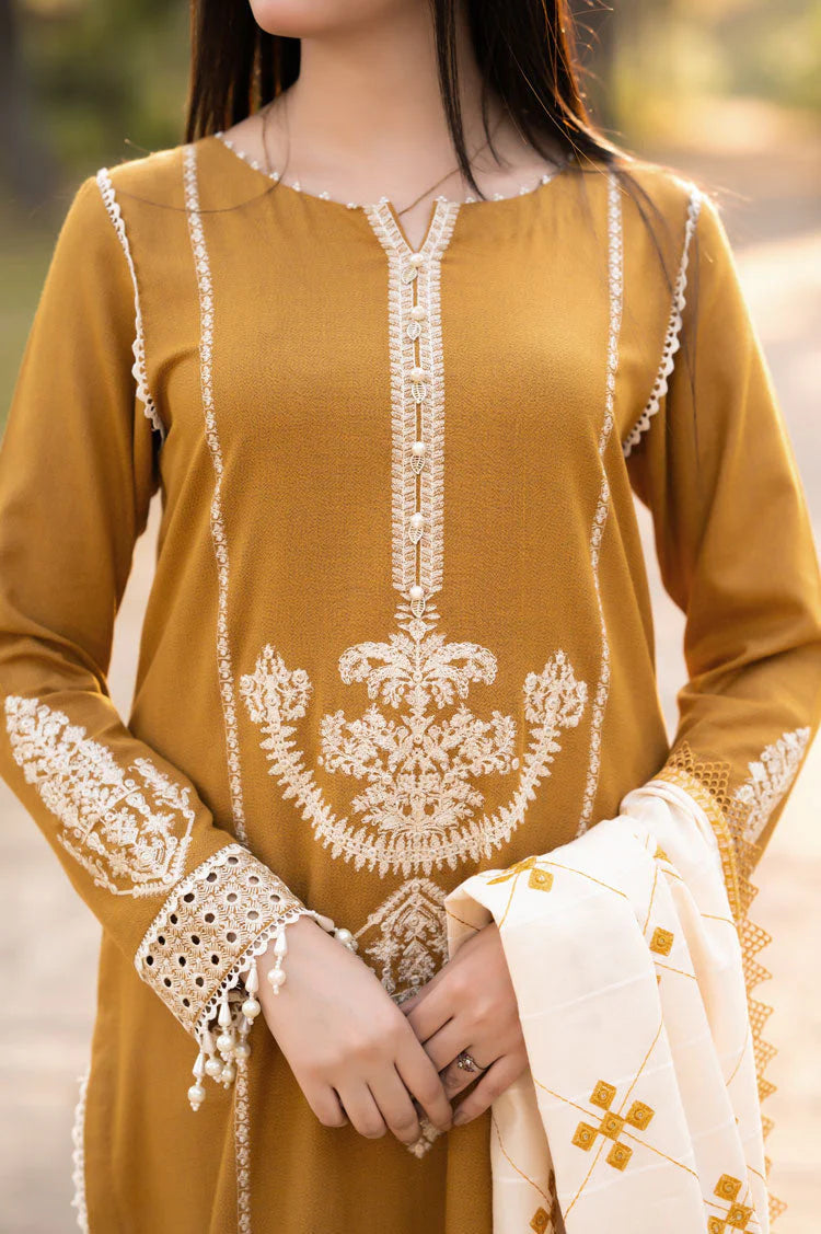 LIBAAS-3PC DHANAK EMBROIDERED SHIRT WITH COURTRAI WOOL PRINTED SHAWL AND TROUSER-ADR-4281