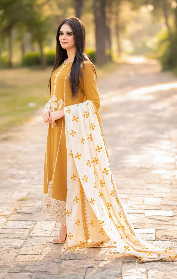 LIBAAS-3PC DHANAK EMBROIDERED SHIRT WITH COURTRAI WOOL PRINTED SHAWL AND TROUSER-ADR-4281