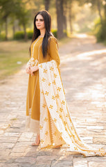 LIBAAS-3PC DHANAK EMBROIDERED SHIRT WITH COURTRAI WOOL PRINTED SHAWL AND TROUSER-ADR-4281