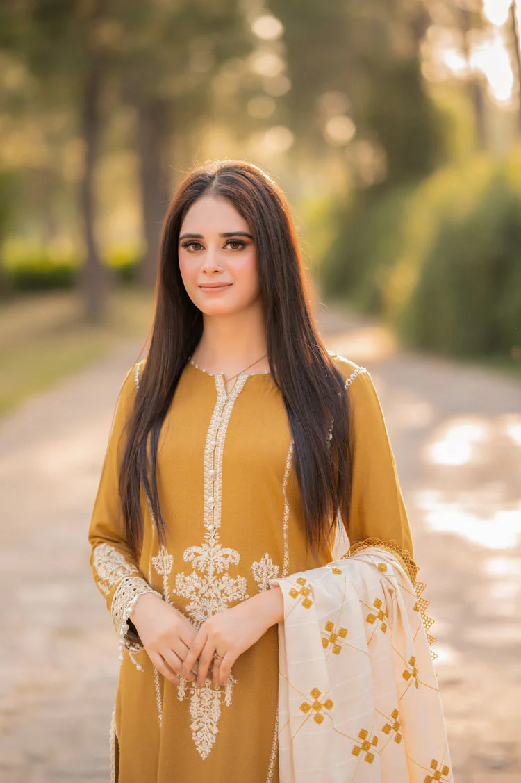 LIBAAS-3PC DHANAK EMBROIDERED SHIRT WITH COURTRAI WOOL PRINTED SHAWL AND TROUSER-ADR-4281