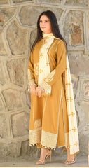 LIBAAS-3PC DHANAK EMBROIDERED SHIRT WITH COURTRAI WOOL PRINTED SHAWL AND TROUSER-ADR-4281