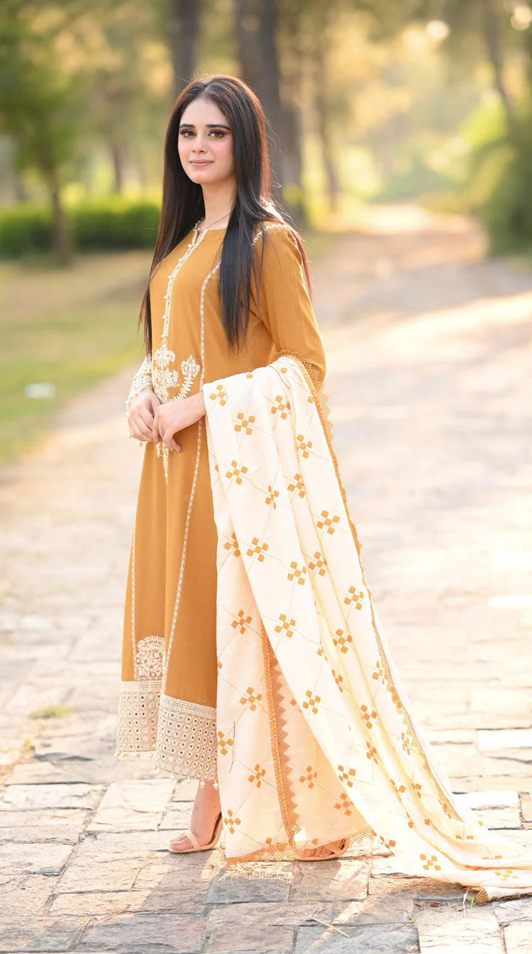 LIBAAS-3PC DHANAK EMBROIDERED SHIRT WITH COURTRAI WOOL PRINTED SHAWL AND TROUSER-ADR-4281