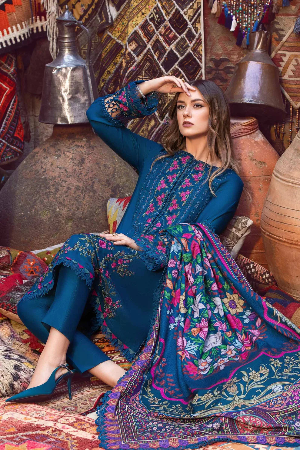 MARIA-B- 3PC DHANAK EMBROIDERED SHIRT WITH COUTURE PRINT SHAWL AND TROUSER-ADR-3114