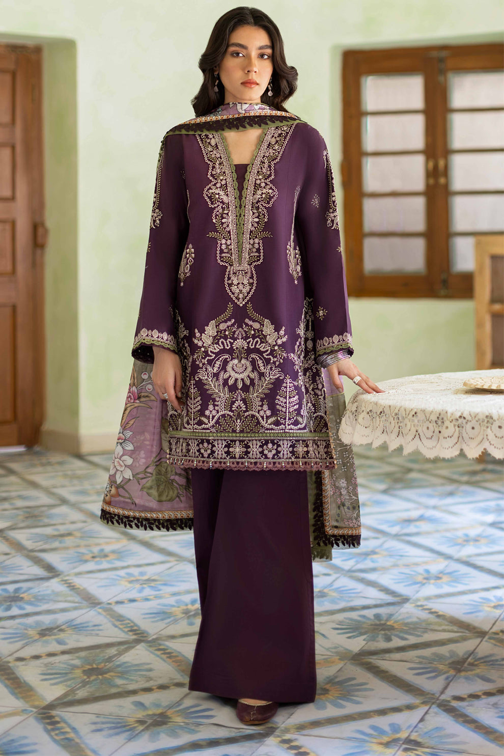 JAZMIN-3PC LAWN EMBROIDERED SHIRT WITH CHIFFON PRINTED DUPATTA AND TROUSER-ADR-4631