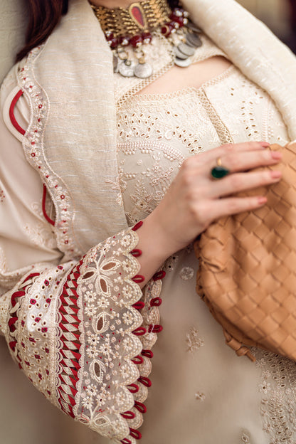 QALAMQAR-3PC CHIKANKAARI LAWN CUTWORK EMBROIDERED SHIRT WITH MANAAR EMBROIDERED CUTWORK DUPATTA AND TROUSER-ADR-3654