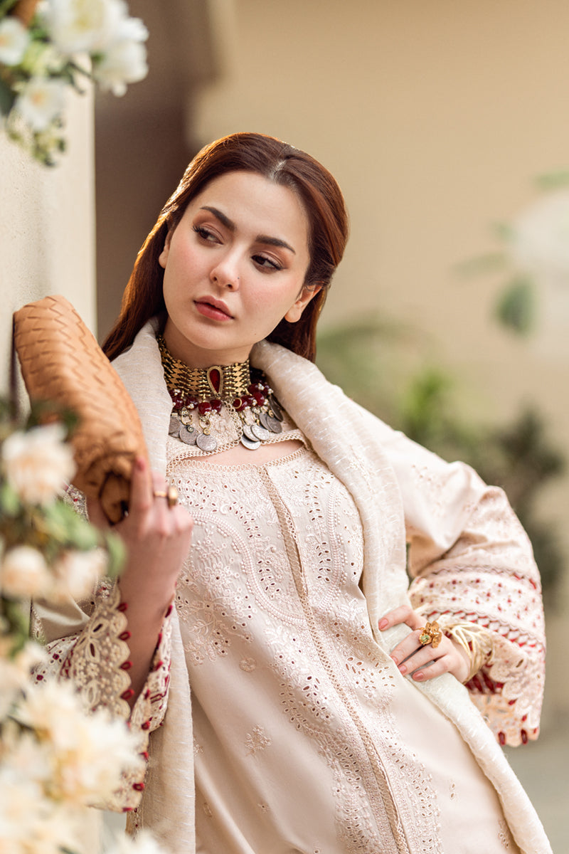QALAMQAR-3PC CHIKANKAARI LAWN CUTWORK EMBROIDERED SHIRT WITH MANAAR EMBROIDERED CUTWORK DUPATTA AND TROUSER-ADR-3654