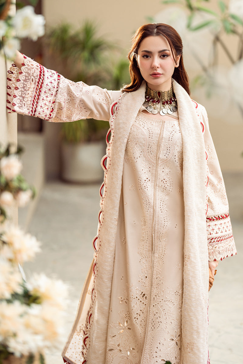 QALAMQAR-3PC CHIKANKAARI LAWN CUTWORK EMBROIDERED SHIRT WITH MANAAR EMBROIDERED CUTWORK DUPATTA AND TROUSER-ADR-3654