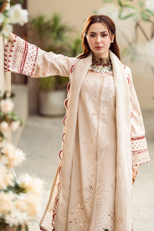 QALAMQAR-3PC CHIKANKAARI LAWN CUTWORK EMBROIDERED SHIRT WITH MANAAR EMBROIDERED CUTWORK DUPATTA AND TROUSER-ADR-3654