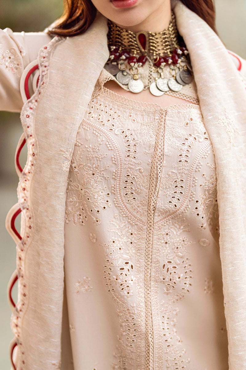 QALAMQAR-3PC CHIKANKAARI LAWN CUTWORK EMBROIDERED SHIRT WITH MANAAR EMBROIDERED CUTWORK DUPATTA AND TROUSER-ADR-3654