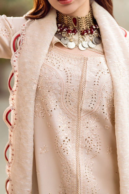 QALAMQAR-3PC CHIKANKAARI LAWN CUTWORK EMBROIDERED SHIRT WITH MANAAR EMBROIDERED CUTWORK DUPATTA AND TROUSER-ADR-3654