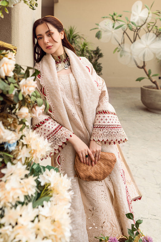 QALAMQAR-3PC CHIKANKAARI LAWN CUTWORK EMBROIDERED SHIRT WITH MANAAR EMBROIDERED CUTWORK DUPATTA AND TROUSER-ADR-3654