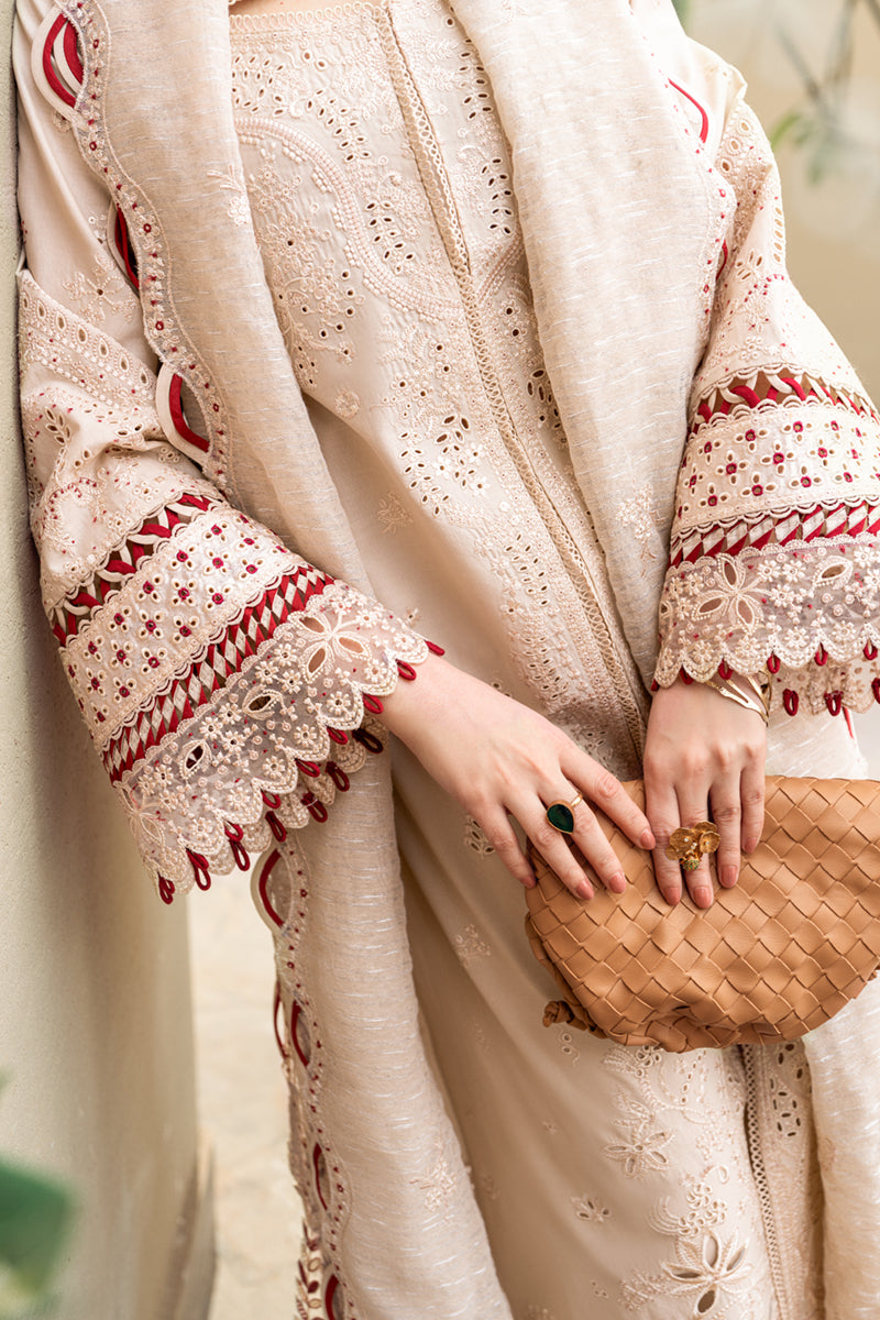 QALAMQAR-3PC CHIKANKAARI LAWN CUTWORK EMBROIDERED SHIRT WITH MANAAR EMBROIDERED CUTWORK DUPATTA AND TROUSER-ADR-3654