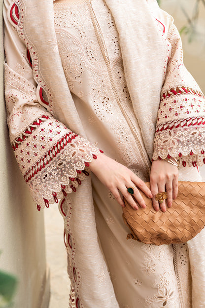 QALAMQAR-3PC CHIKANKAARI LAWN CUTWORK EMBROIDERED SHIRT WITH MANAAR EMBROIDERED CUTWORK DUPATTA AND TROUSER-ADR-3654