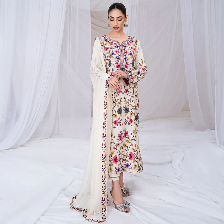 SAPPHIRE-3PC DHANAK EMBROIDERED SHIRT WITH BAMBER CHIFFON EMBROIDERED DUPATTA & TROUSER-ADR-4299
