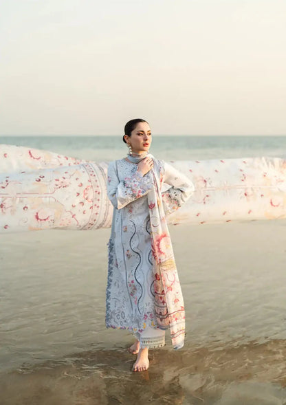 QALAMQAR - 3PC LAWN EMBROIDERED SHIRT WITH MONARK PRINTED DUPATTA AND TROUSER-ADR-3663