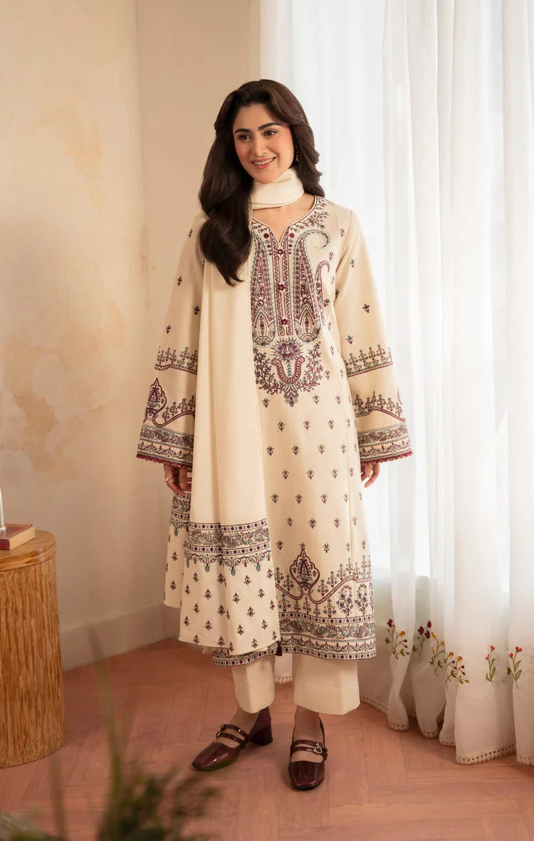 ZARA SHAHJAHAN-3PC DHANAK EMBROIDERED SHIRT WITH DHANAK EMBROIDERED SHAWL AND EMB TROUSER-ADR-5153