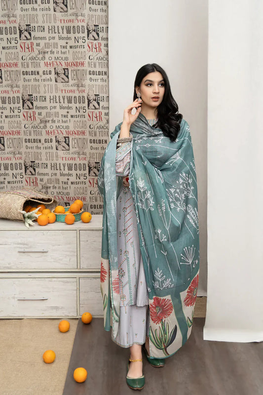 URGE - 3PC DHANAK EMBROIDERED SHIRT WITH COUTUTRE PRINTED SHAWL & EMB TROUSER-ADR-4007