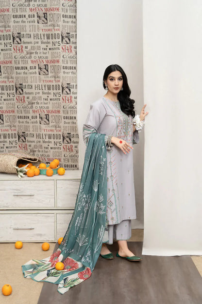 URGE - 3PC DHANAK EMBROIDERED SHIRT WITH COUTUTRE PRINTED SHAWL & EMB TROUSER-ADR-4007