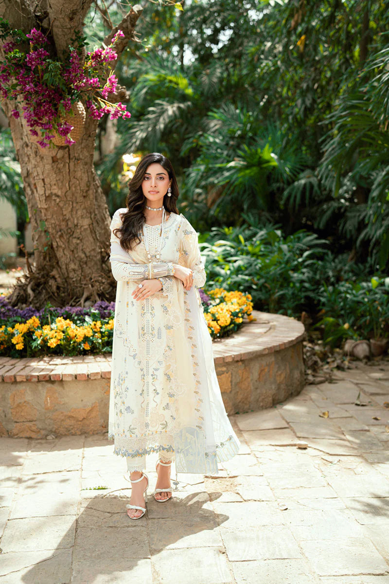 QALAMQAR - 3PC LAWN EMBROIDERED SHIRT WITH NET EMBROIDERED DUPATTA AND TROUSER -ADR-3801