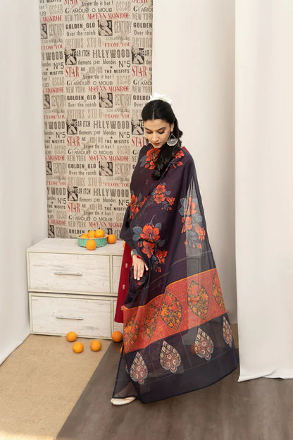 URGE - 3PC DHANAK EMBROIDERED SHIRT WITH COUTURE PRINTED SHAWL AND EMB TROUSER-ADR-4059